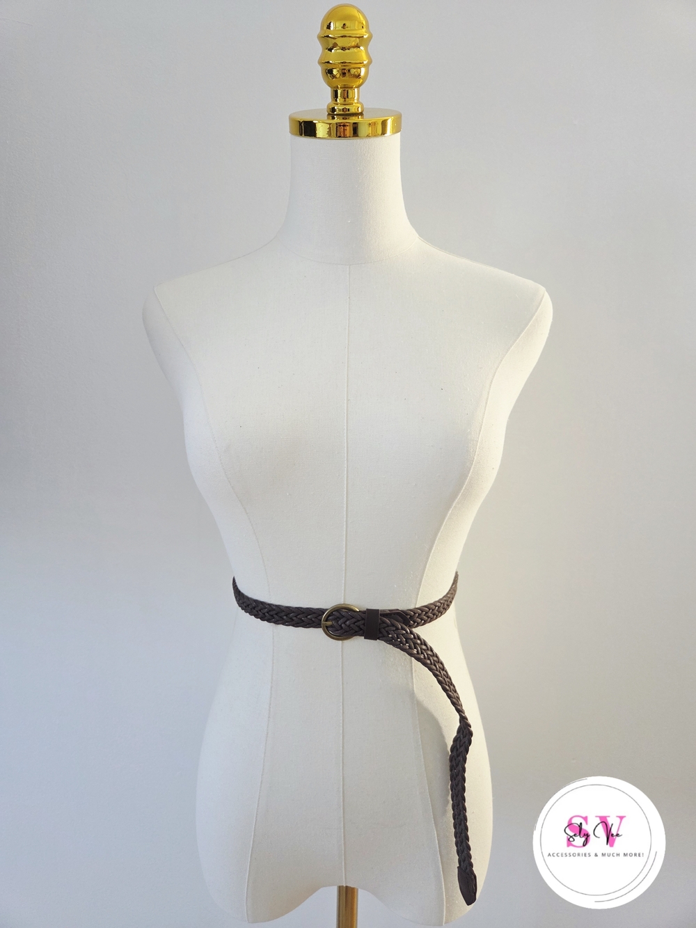 Brown braided belt with gold buckle